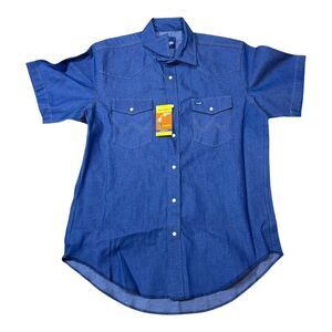Wrangler Mens Blue Denim Short Sleeve Button-Down Pearl Snap Western Shirt L NEW